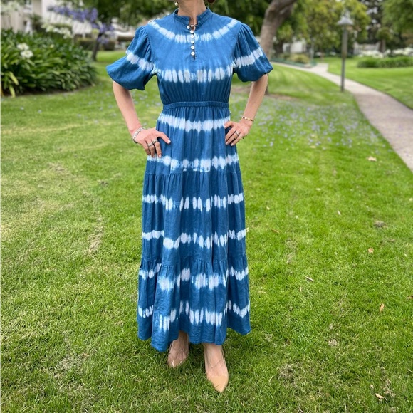 Sole by Mare Sole Amore Linen Blend A-Line Tie Dye Midi Dress White/Blue Sz S - Picture 2 of 12